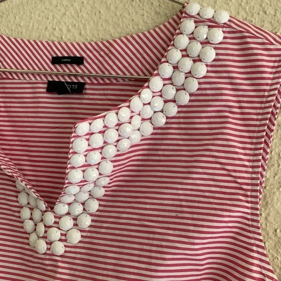 TalbotsBeaded White Pink Stripe Top Blouse Women Cotton Size 16 - Picture 4 of 7